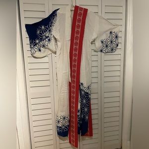 Authentic Japanese Blue and White Yukata Kimono Red Obi